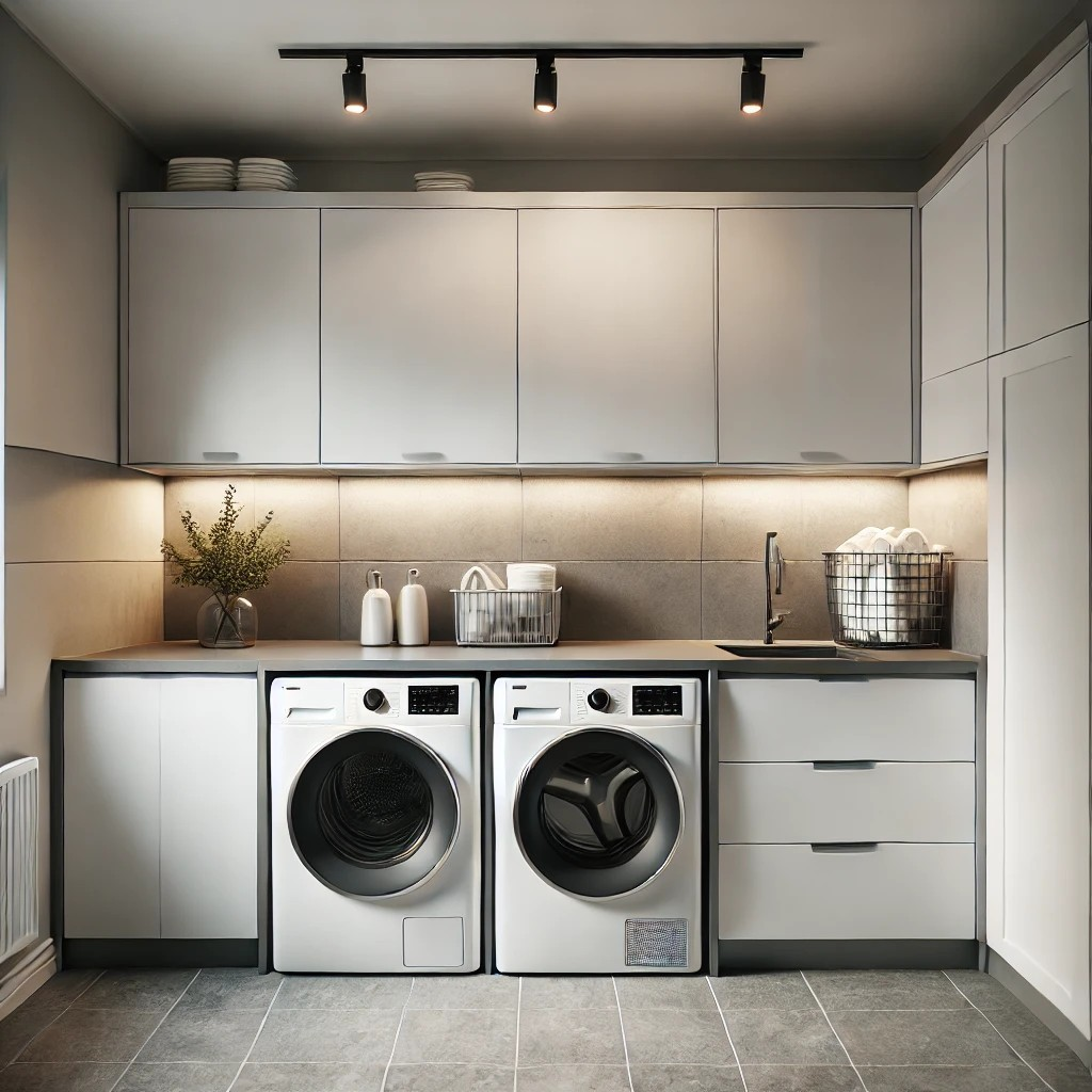 En modern och funktionell tvättstuga i Södertälje med vita skåp och mörkgrå bänkskivor, perfekt designad för att maximera förvaringsutrymme och ge en stilren känsla. Med stora ljusgråa golvplattor och effektiv belysning passar detta idealiskt för både stora och små hem i förortsområden som Södertälje.