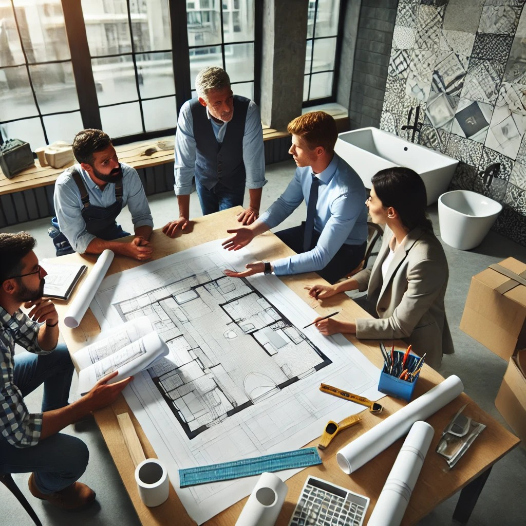 Planeringsmöte för badrumsrenovering med fyra personer som diskuterar ritningar och projektplan. Deltagarna inkluderar en projektledare, kund och hantverkare, samlade runt ett bord med byggmaterial och verktyg, vilket skapar en professionell och organiserad atmosfär.