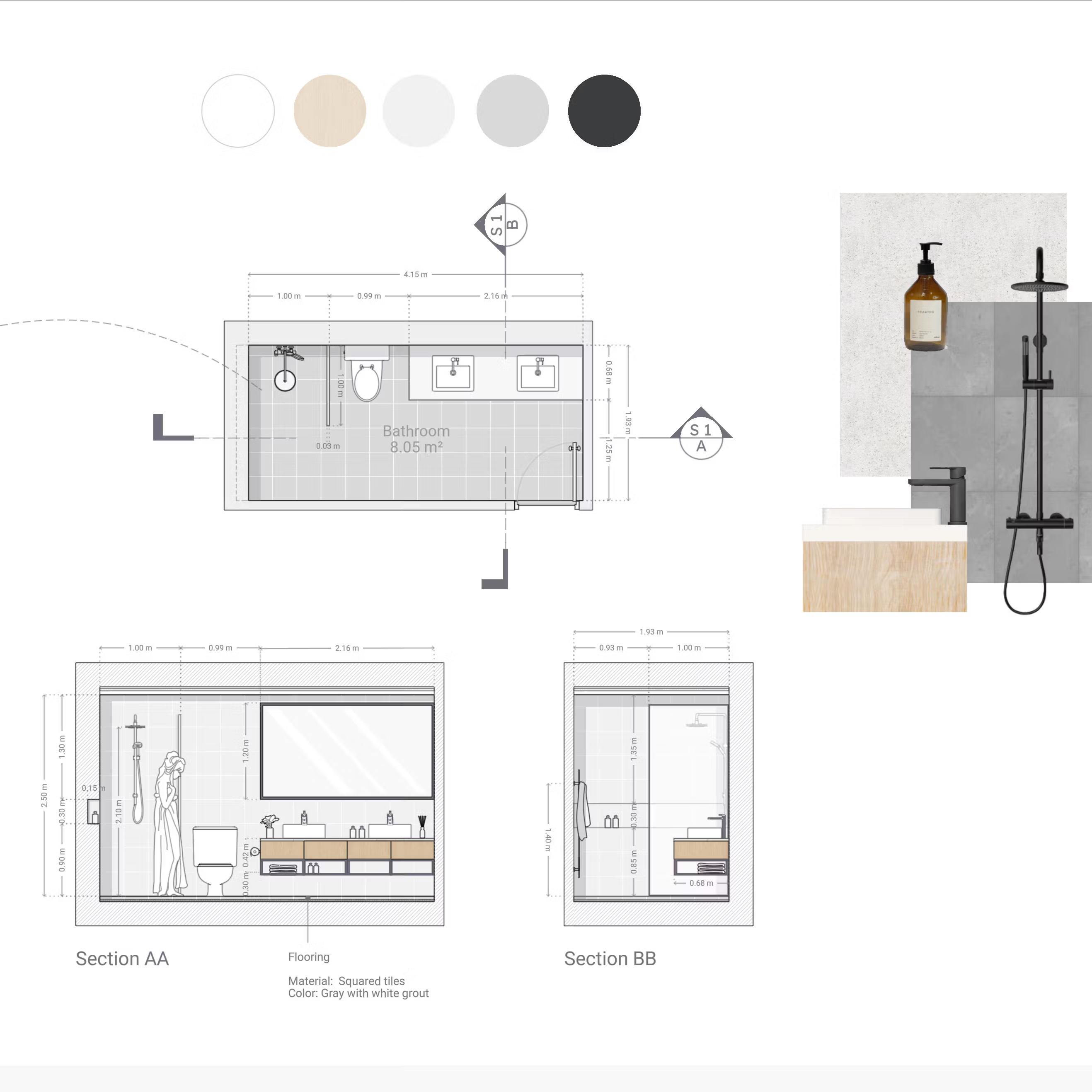 Illustration av planeringsfasen i en badrumsrenovering med ritningar, layout av badrummet och exempel på material och färgval. Visar hur planering och design ligger till grund för ett genomtänkt och funktionellt badrum.